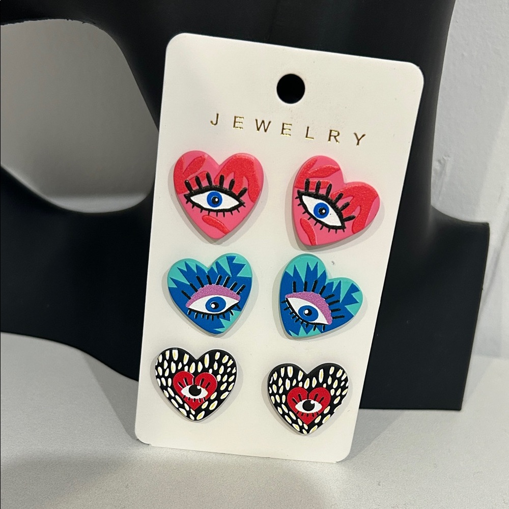 Colorful Heart Evil Eye Earrings Set